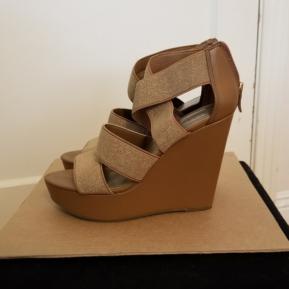 BCBGeneration Brown Metallic Strappy Wedge Heels